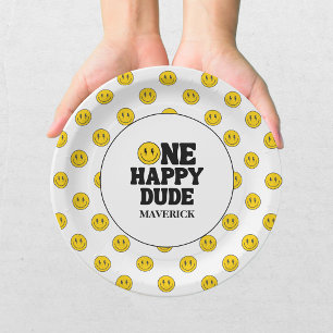 Retro One Happy Dude Smile Face Boy 1st Birthday Paper Plate