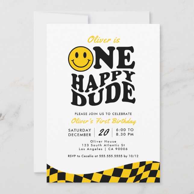Retro One Happy Dude Yellow Smile Boy 1st Birthday Invitation (Front)