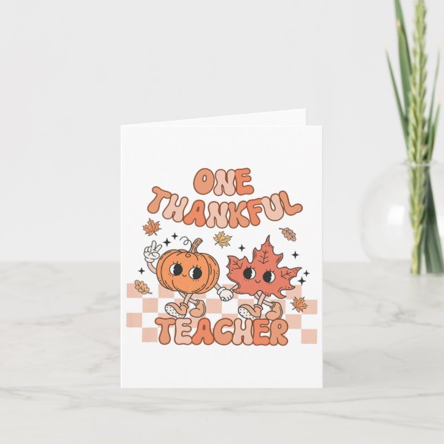 Retro One Thankful Teacher Pumpkin And Autumn Leaf Card (Front)