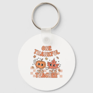 Retro One Thankful Teacher Pumpkin And Autumn Leaf Keychain