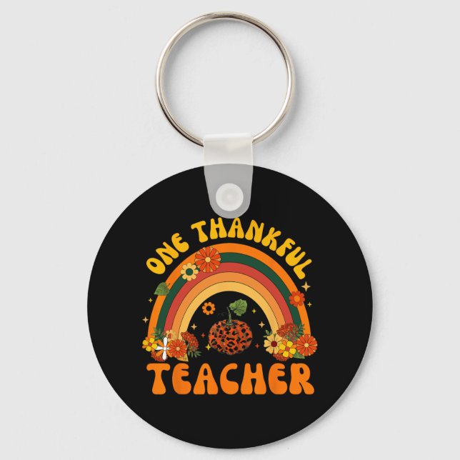 Retro One Thankful Teacher Thanksgiving Fall Mens  Keychain (Front)