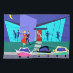 Retro Open House Party Kitchen Towel<br><div class="desc">This Retro Open House Party Kitchen Towel will put you in the partying mood. The cartoon design features the exterior of a mid century modern house. Through the floor to ceiling turquoise glass walls, we can see the navy blue silhouettes of festive party goers. There is a couple chatting in...</div>