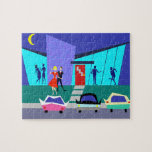 Retro Open House Party Puzzle<br><div class="desc">This Retro Open House Party Puzzle will put you in the partying mood. The cartoon design features the exterior of a mid century modern house. Through the floor to ceiling turquoise glass walls, we can see the navy blue silhouettes of festive party goers. There is a couple chatting in front...</div>