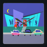 Retro Open House Party Wall Clock<br><div class="desc">This Retro Open House Party Wall Clock will put you in the partying mood. The cartoon design features the exterior of a mid century modern house. Through the floor to ceiling turquoise glass walls, we can see the navy blue silhouettes of festive party goers. There is a couple chatting in...</div>