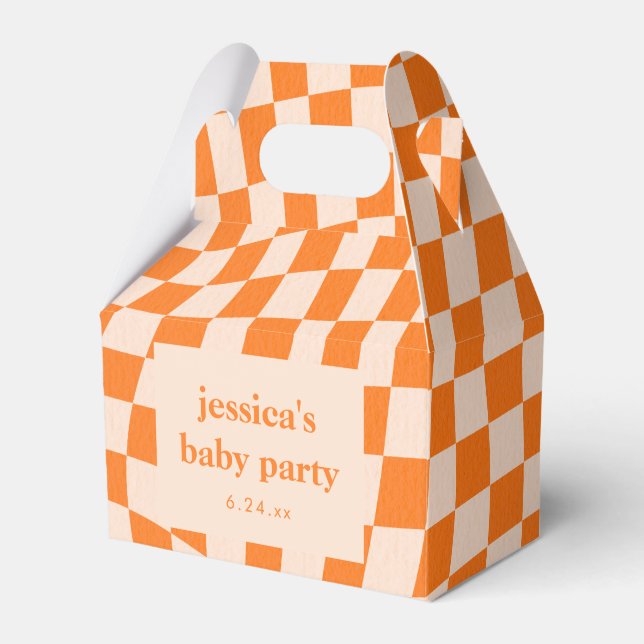 Retro Orange Abstract Checkerboard Baby Shower Favor Box (Front Side)