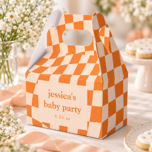 Retro Orange Abstract Checkerboard Baby Shower Favor Box