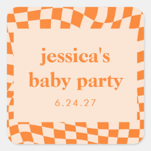 Retro Orange Abstract Chequerboard Baby Shower Square Sticker