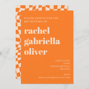 Retro Orange Abstract Chequerboard Bat Mitzvah  Invitation