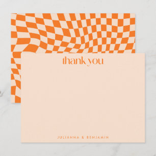 Retro Orange Abstract Chequerboard Wedding Custom Thank You Card