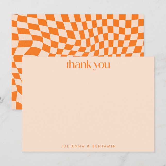 Retro Orange Abstract Chequerboard Wedding Custom Thank You Card (Front/Back)