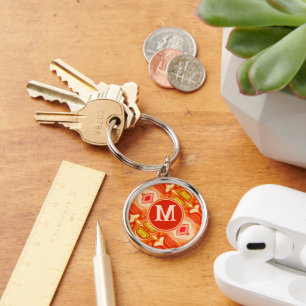 Retro Orange Abstract Tie-Dyed Monogram Initial Keychain