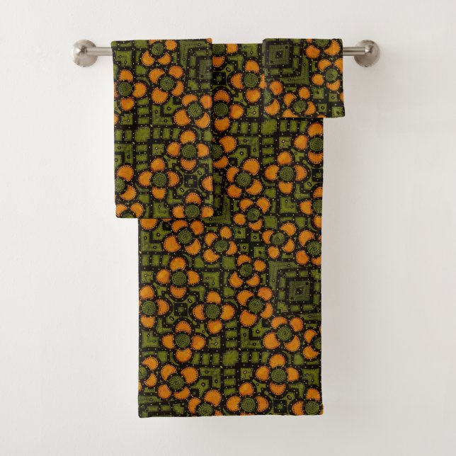 Retro Orange And Green Floral Pattern Bath Towel Set (Insitu)