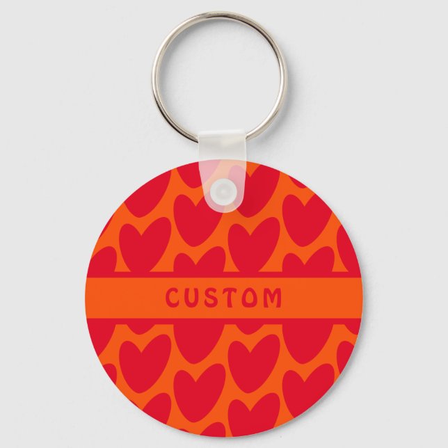 Retro Orange and Groovy Red Hearts Keychain (Front)