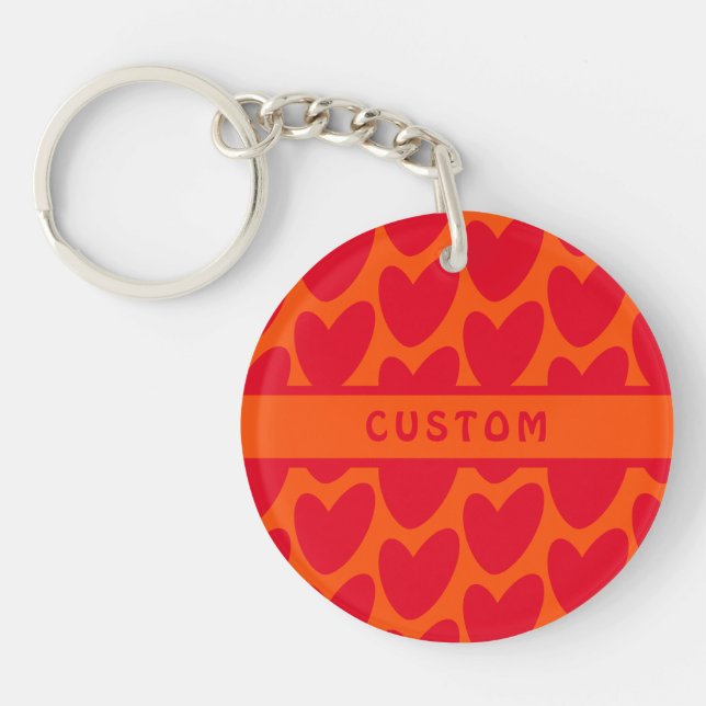 Retro Orange and Groovy Red Hearts Keychain (Front)