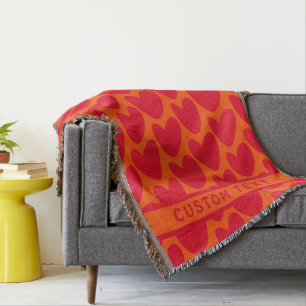 Retro Orange and Groovy Red Hearts Throw Blanket