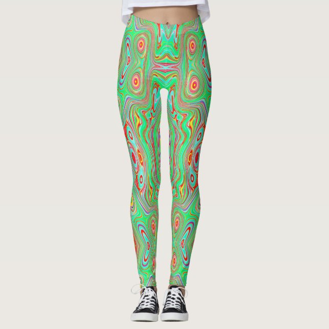 Retro Orange and Lime Green Abstract Pattern Leggings (Front)