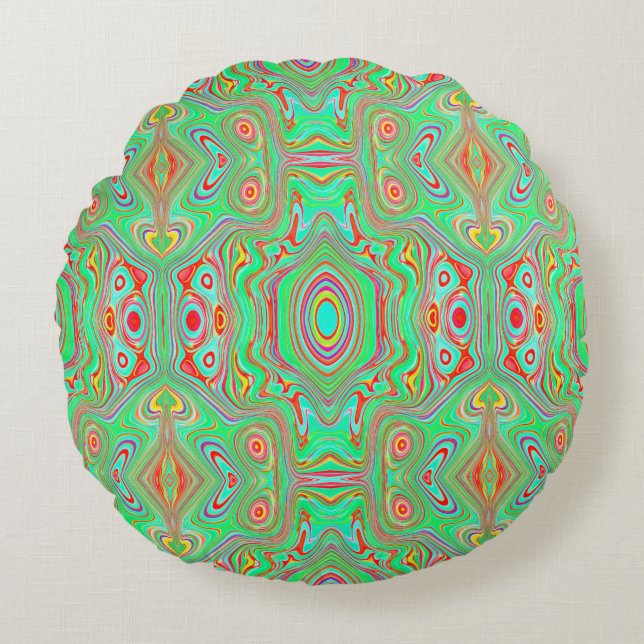 Retro Orange and Lime Green Abstract Pattern Round Pillow (Front)