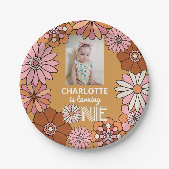 Retro Orange and Pink Daisy First Birthday  Paper Plate (Front)