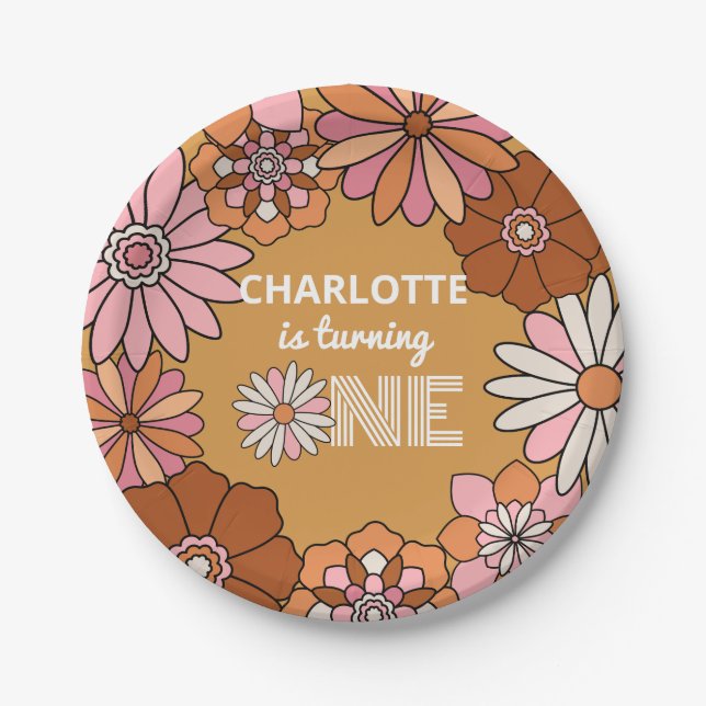 Retro Orange and Pink Floral Daisy First Birthday Paper Plate (Front)