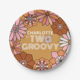 Retro Orange and Pink Floral Two Groovy Birthday Paper Plate