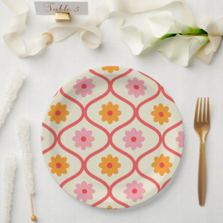 Retro Orange and Pink flowers on Ogee Pattern  Paper Plate