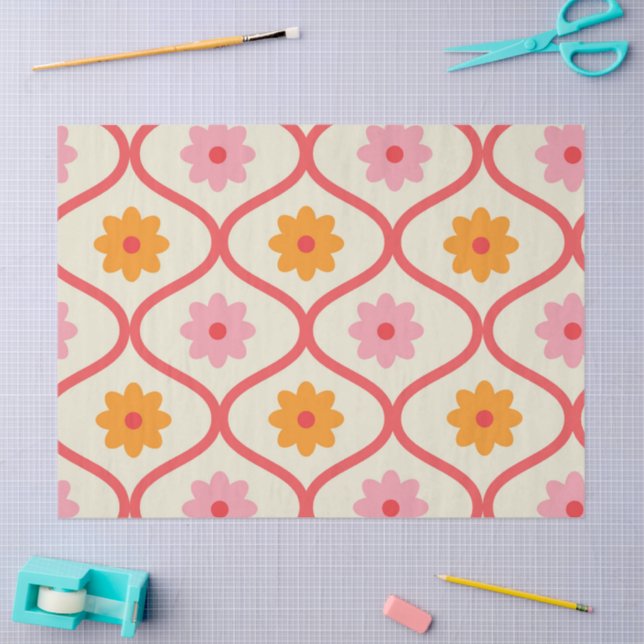 Retro Orange and Pink flowers on Ogee Pattern  Tissue Paper (Craft)