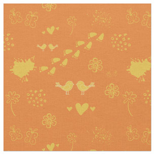 Retro orange and yellow pattern of birds, dots, fabric