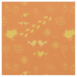 Retro orange and yellow pattern of birds, dots,  fabric