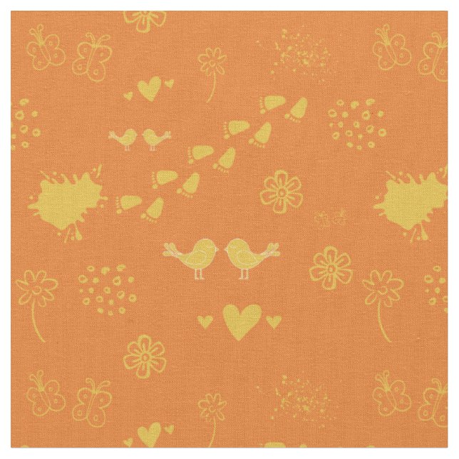Retro orange and yellow pattern of birds, dots,  fabric (Close Up)
