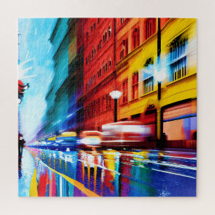Retro Orange and Yellow Reflective City Streets Jigsaw Puzzle