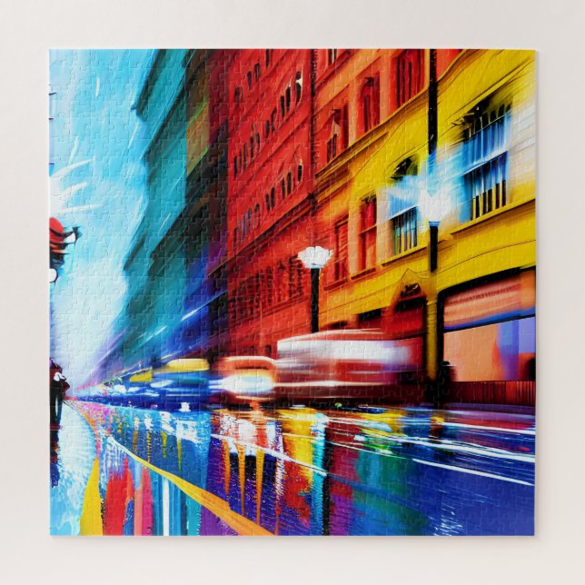 Retro Orange and Yellow Reflective City Streets Jigsaw Puzzle (Vertical)