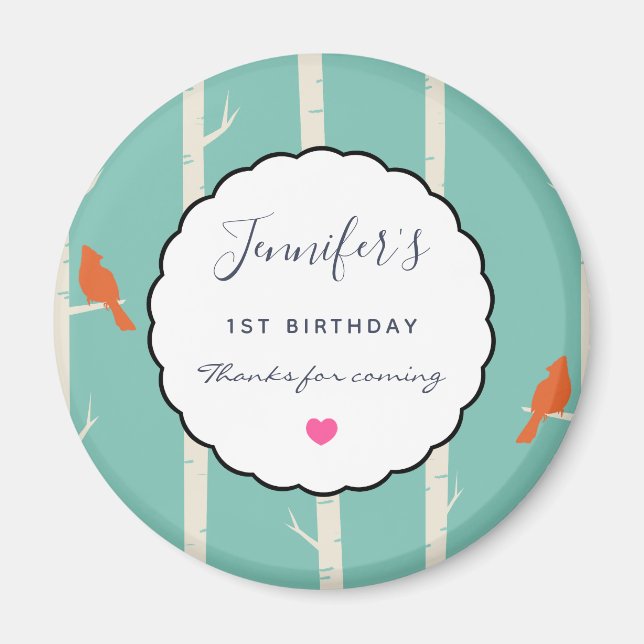 Retro Orange Birds on Birch Trees Birthday Thanks Magnet (Front)