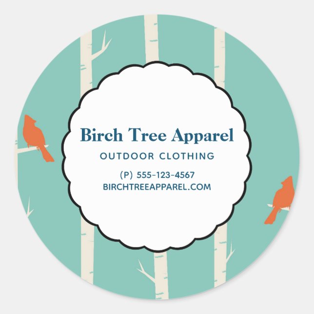 Retro Orange Birds on Birch Trees Business Classic Round Sticker (Front)