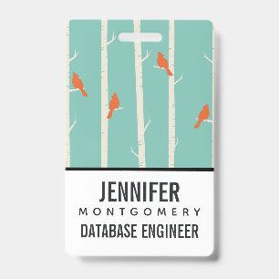 Retro Orange Birds on Birch Trees Illustration Badge