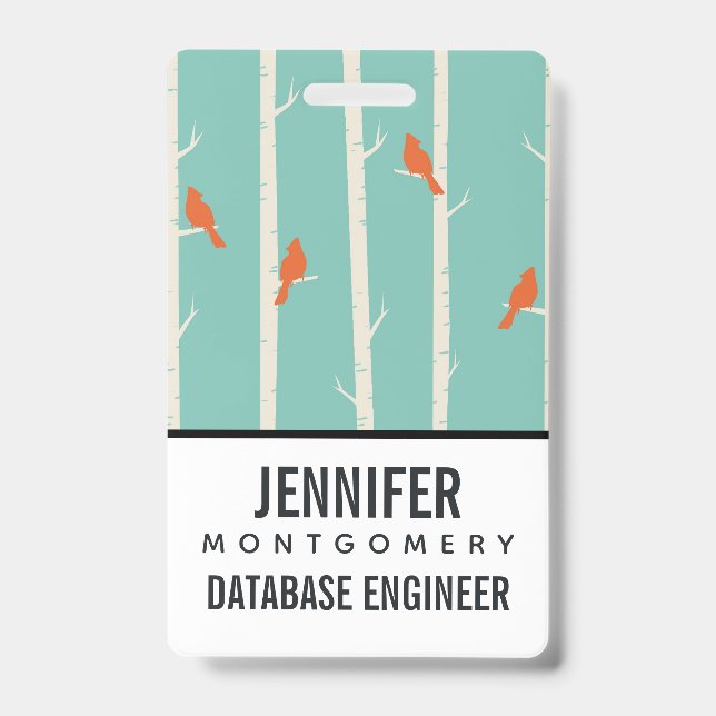 Retro Orange Birds on Birch Trees Illustration Badge (Front)