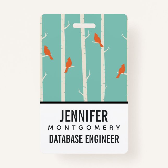 Retro Orange Birds on Birch Trees Illustration Badge (Front)