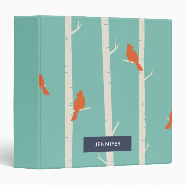 Retro Orange Birds on Birch Trees Illustration Binder (Front/Spine)