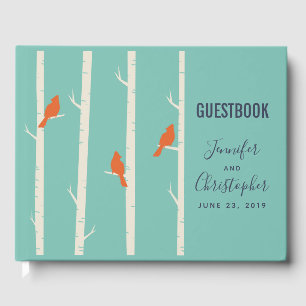 Retro Orange Birds on Birch Trees Illustration Guest Book