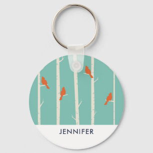Retro Orange Birds on Birch Trees Illustration Keychain
