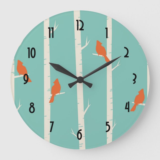 Retro Orange Birds on Birch Trees Illustration Large Clock (Front)