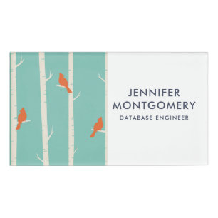 Retro Orange Birds on Birch Trees Illustration Name Tag