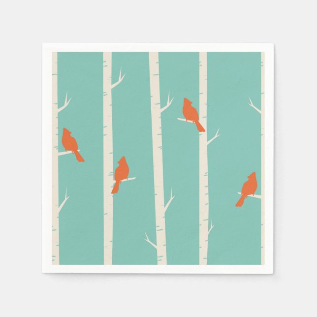 Retro Orange Birds on Birch Trees Illustration Napkin (Front)