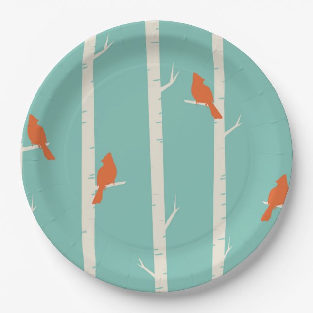 Retro Orange Birds on Birch Trees Illustration Paper Plate (Front)