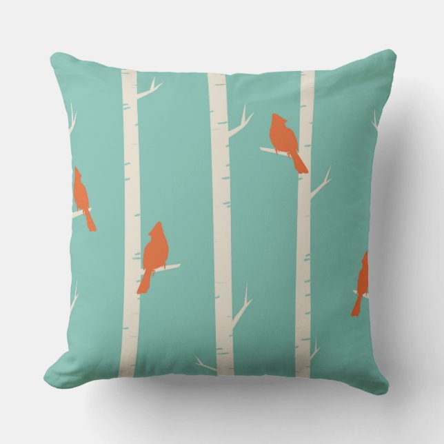 Retro Orange Birds on Birch Trees Illustration Throw Pillow (Front)