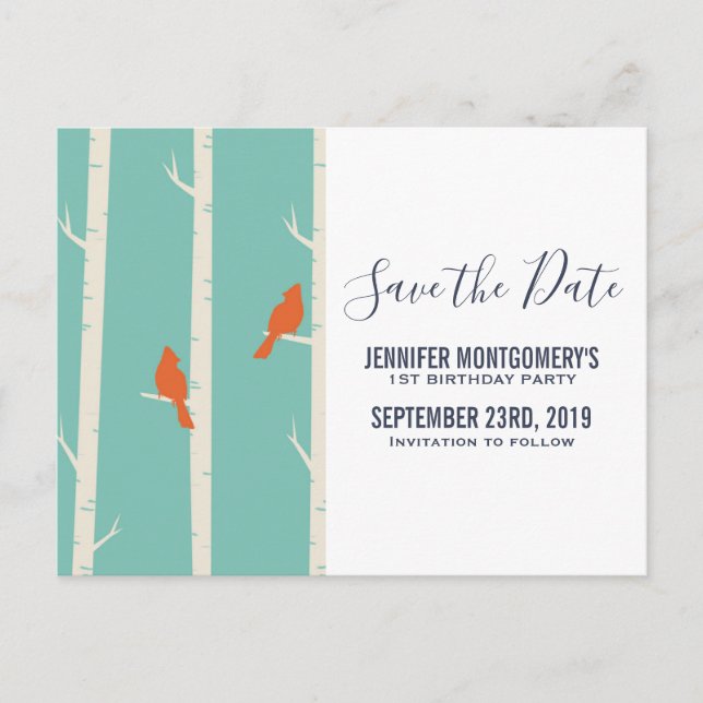 Retro Orange Birds on Birch Trees Save the Date Postcard (Front)