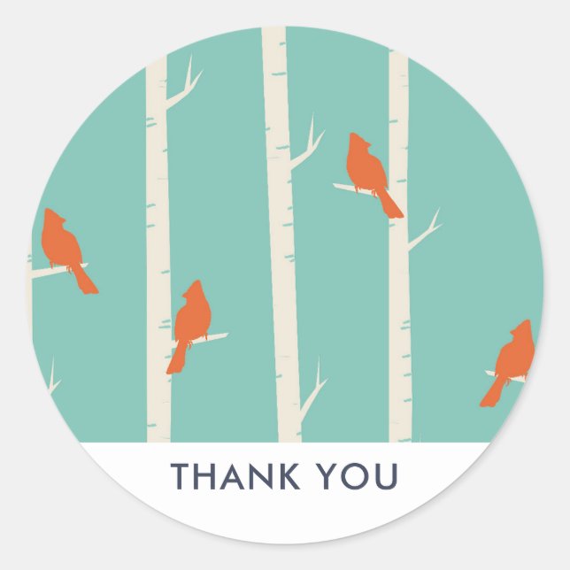Retro Orange Birds on Birch Trees Thank You Classic Round Sticker (Front)