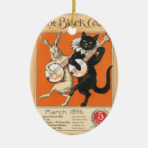 Retro Orange Black Cat White Rabbit Banjo Art Ceramic Ornament