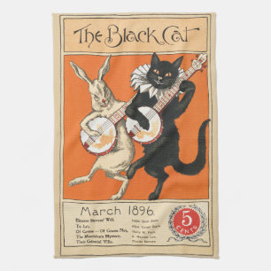 Retro Orange Black Cat White Rabbit Banjo Art Kitchen Towel