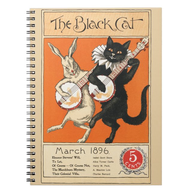 Retro Orange Black Cat White Rabbit Banjo Art Notebook (Front)