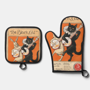 Retro Orange Black Cat White Rabbit Banjo Art Oven Mitt & Pot Holder Set